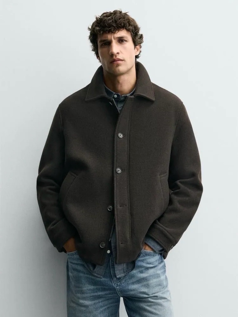 Zara Men's Chocolate Brown Wool-Blend Pea Coat with detachable lining